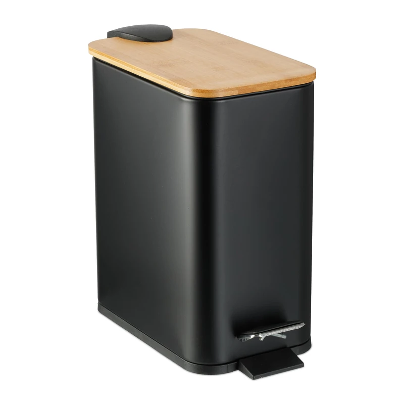 Relaxdays Step Pedal Bin, 5 Litre Capacity, Removable Inside, Square, Bathroom Cosmetic Waste, Metal, Bamboo Lid, Black