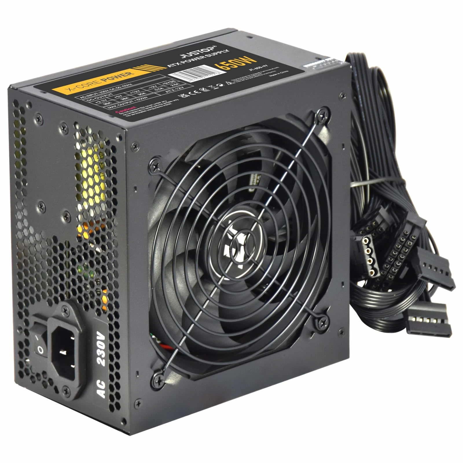 JUSTOP Black 650W PSU, ATX Switching Power Supply, Computer Desktop PC, With 120mm Fan, 8-Pin 12V, 6+2 Pin PCI-E, 6x SATA (650W)