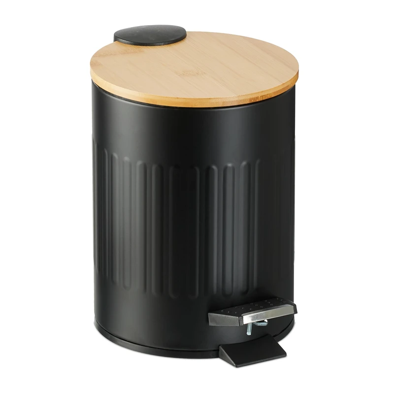 Relaxdays Step Pedal Bin, 3 Litre, Soft-close Mechanism, Removable Inside, Bathroom Cosmetic Waste, Metal, Bamboo, Black