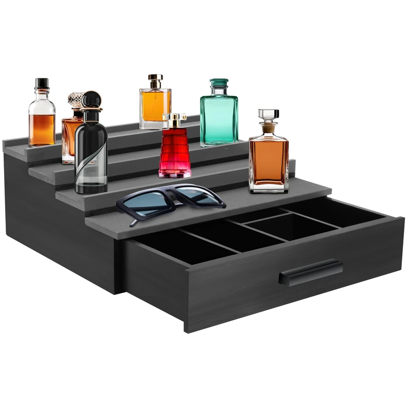 NAYPUEVAN Men's Cologne Storage Box, 4-Tier Perfume Rack, Dressing Table Display Rack for Storing Perfume and Accessories - Dark Black and Light Gray
