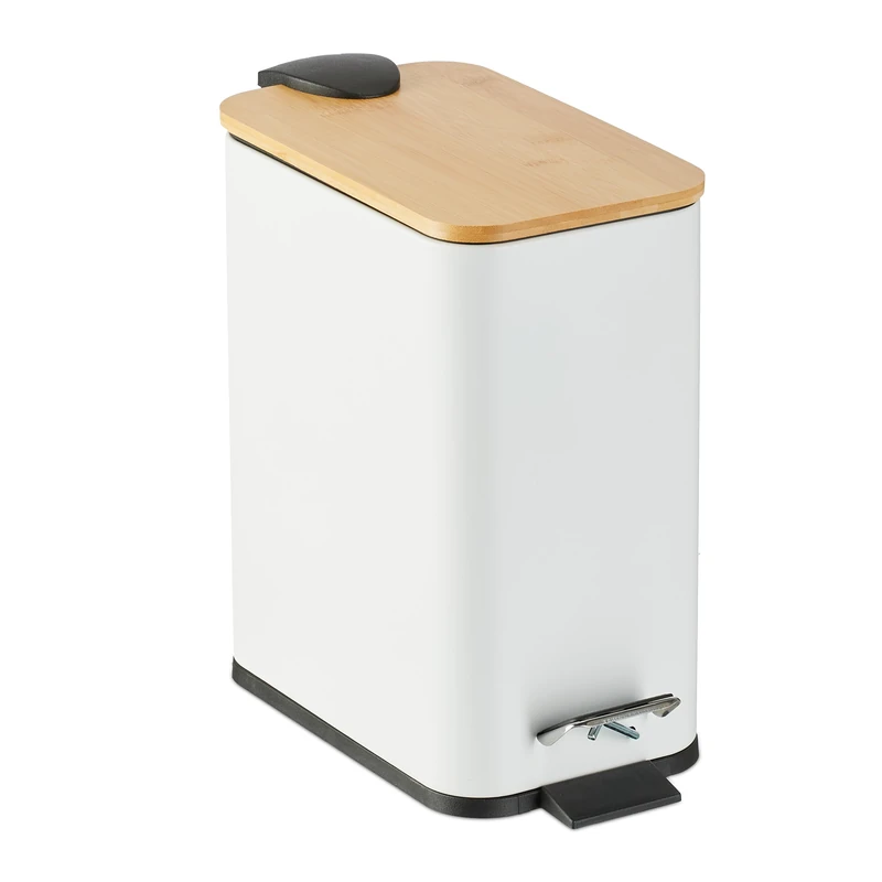 Relaxdays Step Pedal Bin, 5 Litre Capacity, Removable Inside, Square, Bathroom Cosmetic Waste, Metal, Bamboo Lid, White