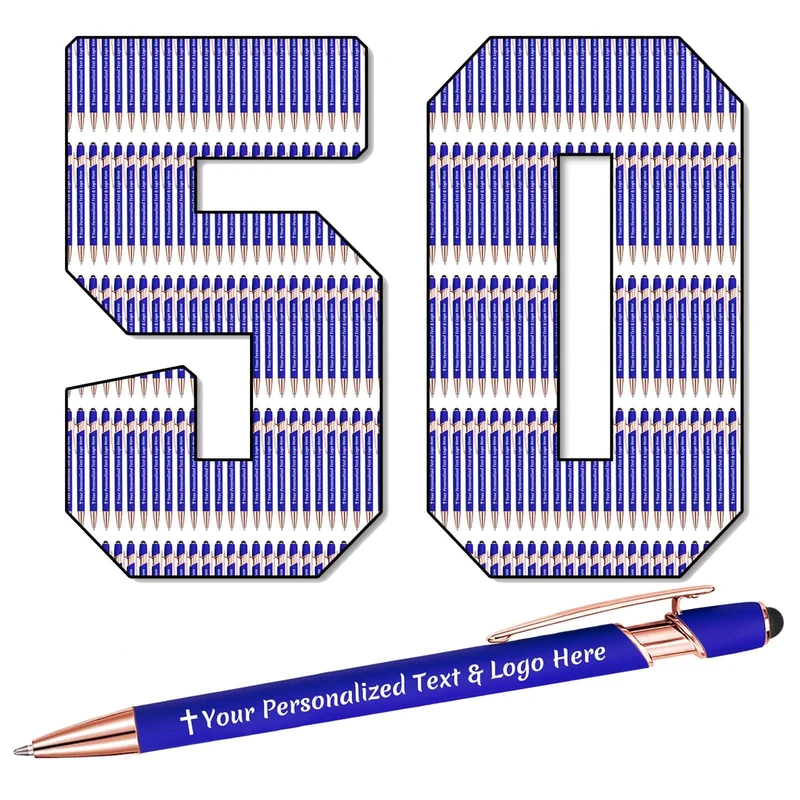 STREADVE 50 Personalised Pen Add Your Own Logo Name Pens Engraved Customised Ballpoint Pen Writing Stylus Pen Custom Birthday Lawyer Gift Unique Present, Blue