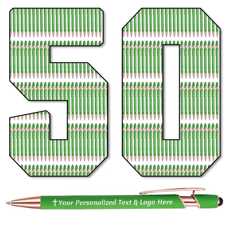 STREADVE 50 Personalised Pen Add Your Own Logo Name Pens Engraved Customised Ballpoint Pen Writing Stylus Pen Custom St. Patrick's Day Birthday Gift Unique Present, Green