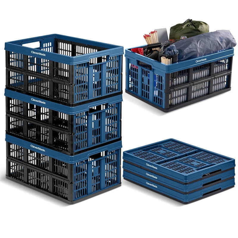 CleverMade 3 Pack Collapsible Utility Crates - 45L Ocean Blue