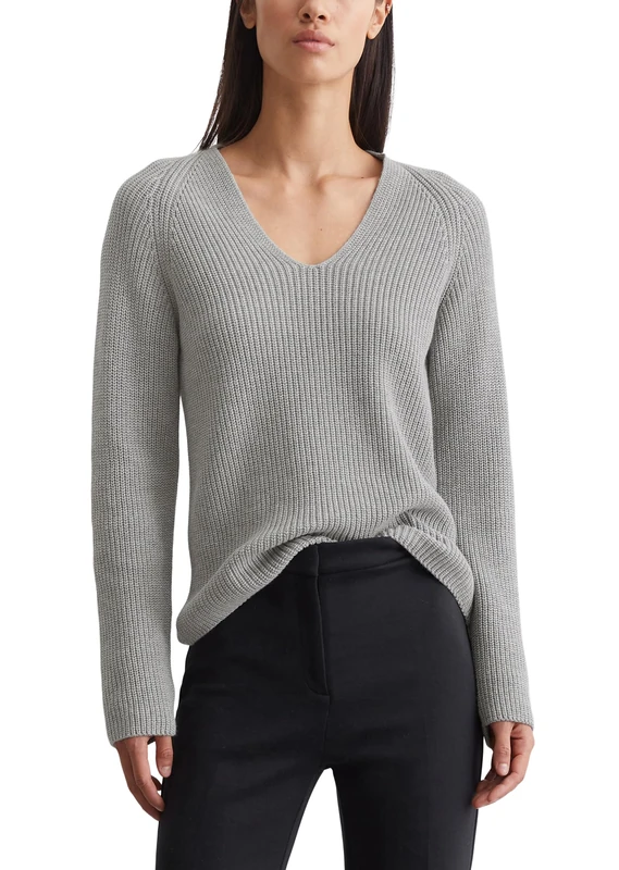 Marc OߴPolo Women's Organic Cotton Knitted Jumper with V-neck, Grey (Mid Stone Melange), S