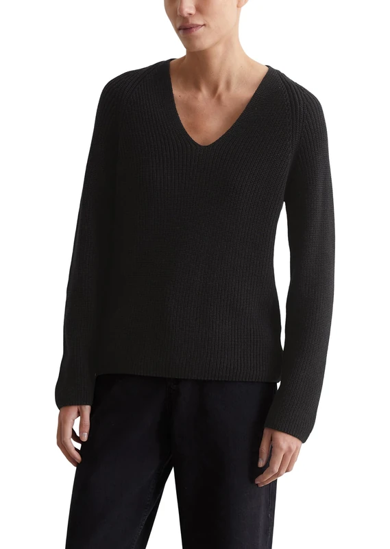 Marc OߴPolo Women's Organic Cotton Knitted Jumper with V-neck, Black (Black), XS