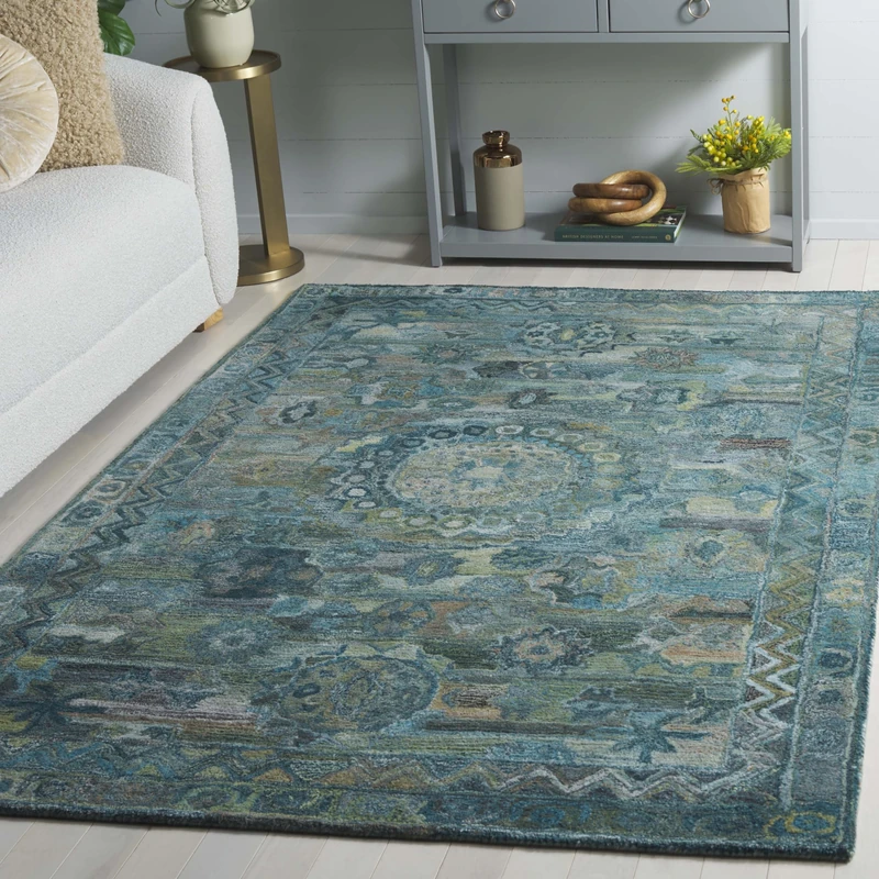 SAFAVIEH Bohemian Rug for Living Room, Dining Room, Bedroom - Anatolia Collection, Medium Pile, in Aqua and Green, 91 X 152 cm - Image 1