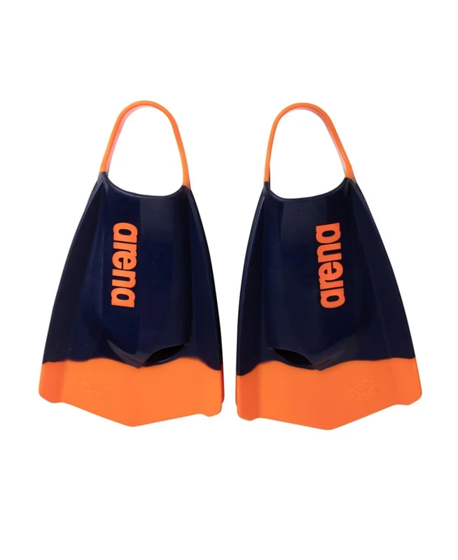 Arena Unisex Adult Powerfin Pro II Swim Training Fins Men and Women Silicone Short Blade Flippers Left/Right Customized, Navy/Orange, Size 6-7
