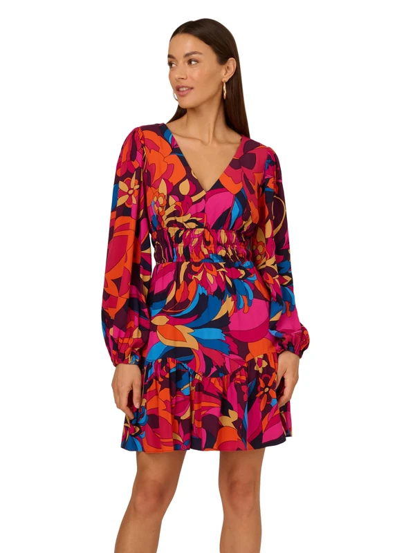 Adrianna Papell Women's Printed Short Flounce Dress, Berry Multi, 20