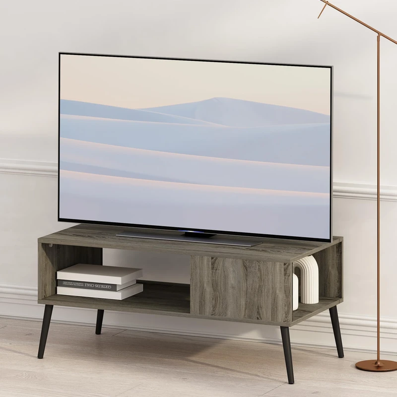 Furinno CLAUDE TV Stand, Mid Century Style Entertainment Center, TV Console for TV up to 40 Inch with Wood Legs, for Living Room, Bedroom, French Oak