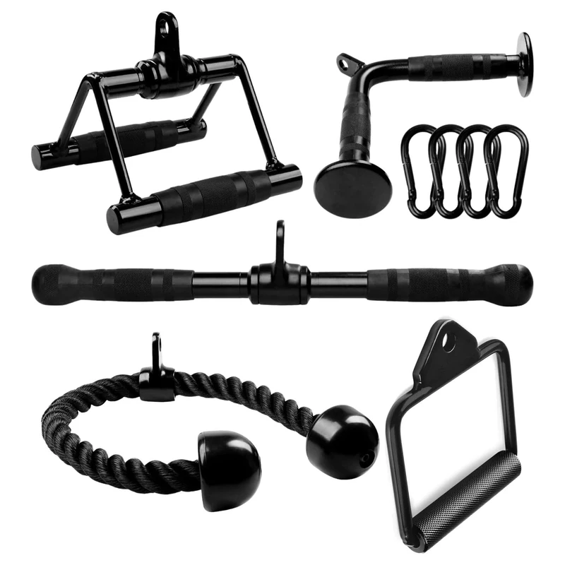 Yes4All Black Combo Tricep Press Down Cable Machine Attachment, LAT Pulldown Attachments for Gym Set with Tricep Rope, Double D Handles, V-Shaped Bar, Single D, Rotating Pull Down Straight Bar