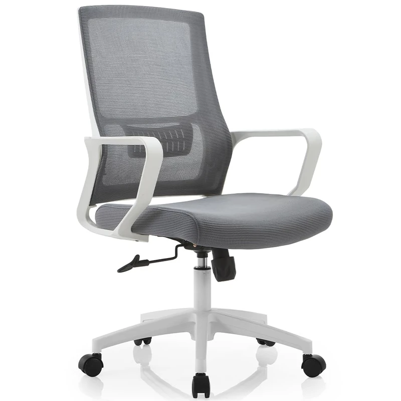 Shally Dogan Ergonomic swivel chair with lumbar support, office chair, study chair, height adjustable, stable white base, sweat-resistant backrest (grey)