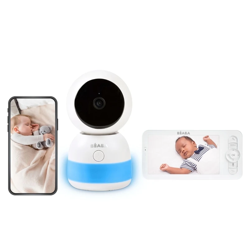 Béaba, Baby Video Monitor with 720P HD Screen, 360° Camera, Night Vision, Mobile App, Multi-coloured Night Light, Walkie Talkie, Lullabies, Thermometer and Humidity Control, Zen Night Light White