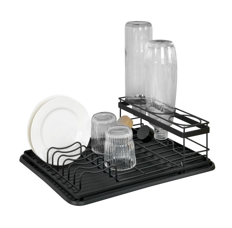 WENKO 54798100 Amy Dish Drainer with Bottle Holder, Sink Drainer Removable Components, Recycled Plastic Tray, Black, Powder Coated Metal - Image 1
