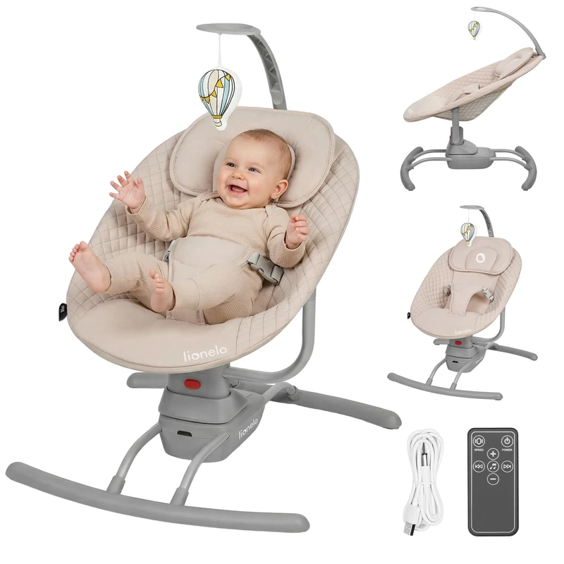 LIONELO Electric Baby Swing/Rocker Rio for Newborn with 3-Speed Swing, Remote Control, 5 Lullabies & 3 Nature Sounds, Adjustable Backrest, USB or Battery Powered, Toy Bar, Pillow, from Birth
