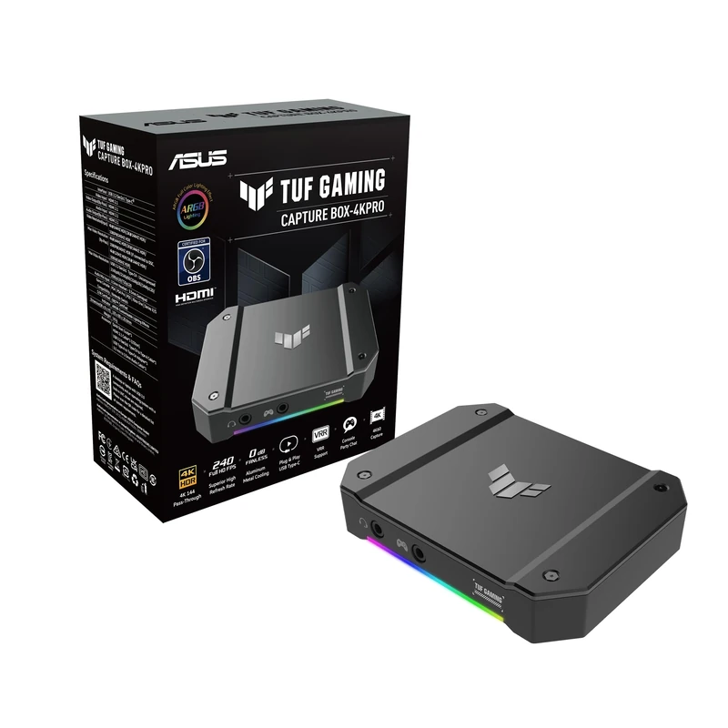 ASUS TUF GAMING CAPTURE BOX-4KPRO (4K144, 2K144, Full HD 240 HDR Passthrough, 4K60, 2K120, Full HD 120 Capture, USB Type-C 32 Gen 2, HDMI 21, VRR Supported, On-board Scaling, Certified for OBS)