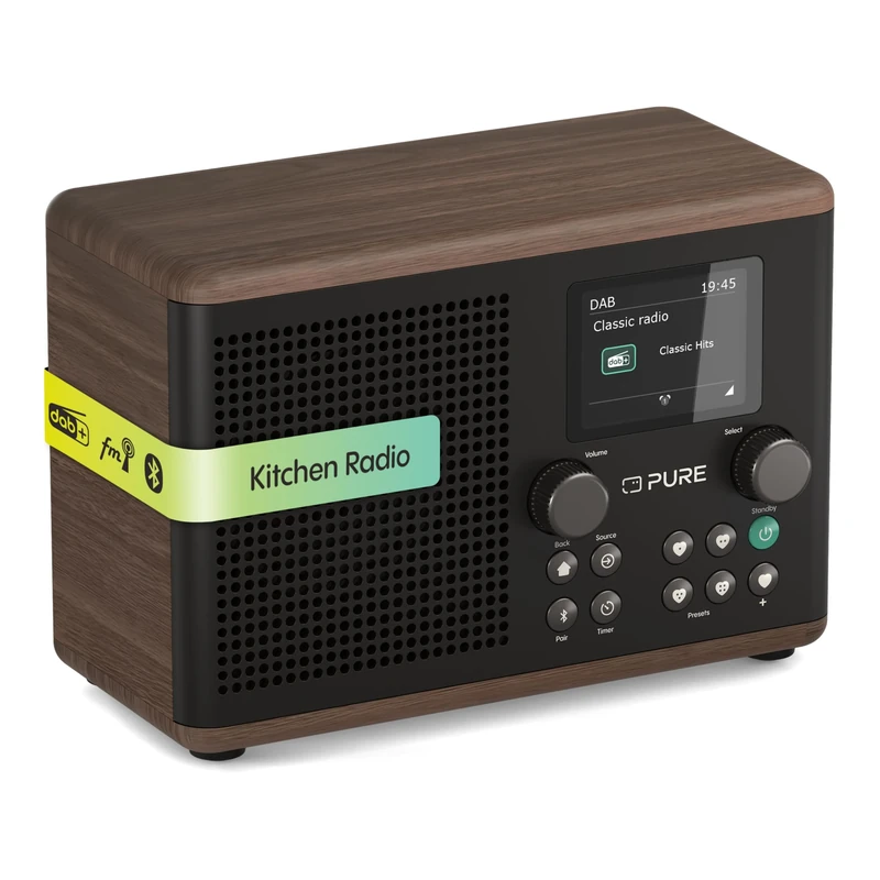 Pure Classic H4 Digital Kitchen Radio (DAB+/FM, Bluetooth, USB, AUX, Kitchen Timer, Alarm), Coffee Black/Walnut