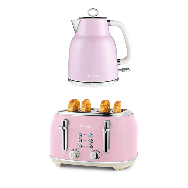 Salter Retro Pink Kettle & Toaster Set – 1.7L Fast Boil Kettle with Removable Limescale Filter, 4-Slice Wide Slot Toaster for Thick Bread/Bagels, Blue Indicator Lights, Vintage Design, 3kW/1630W