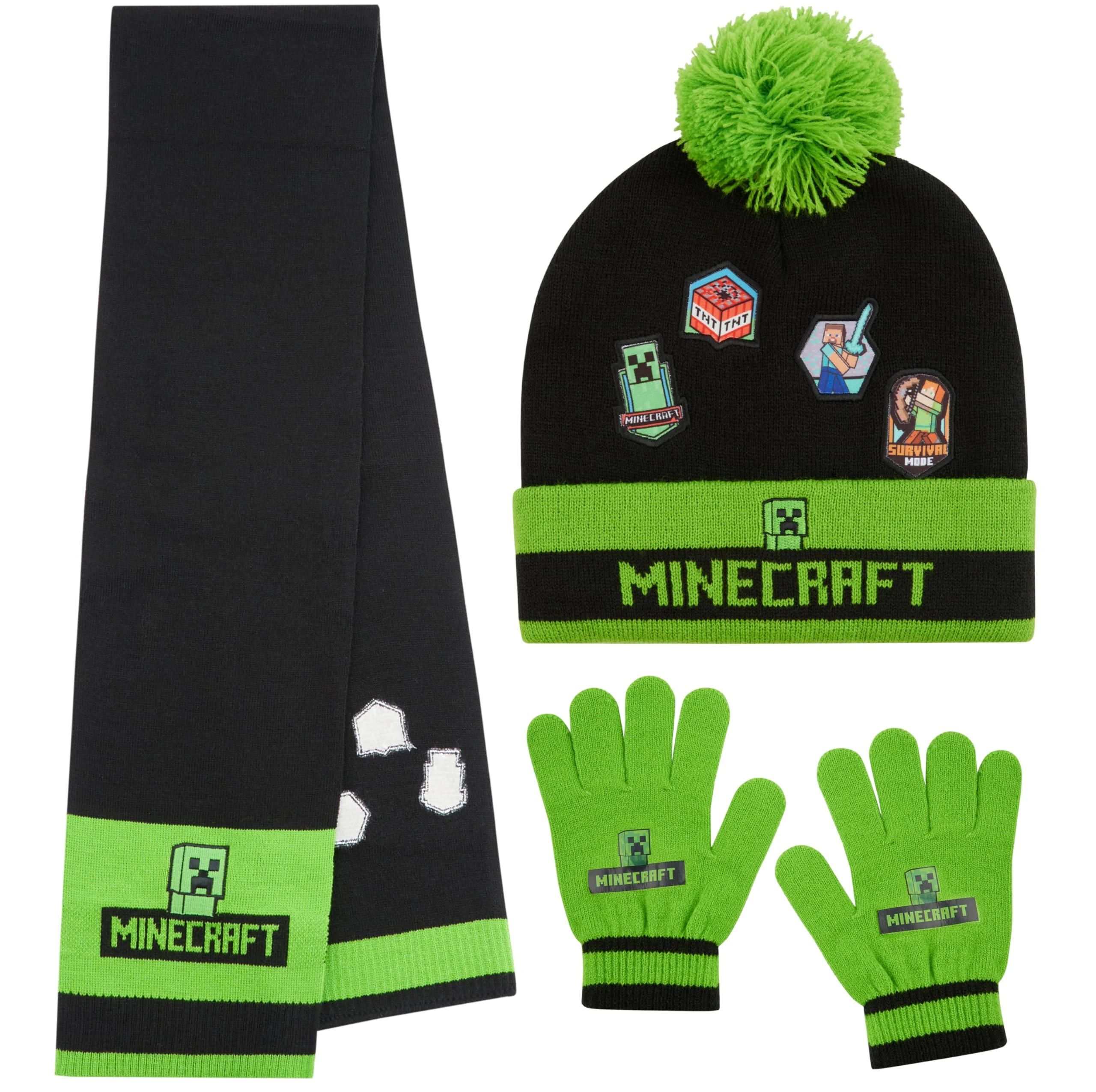 Minecraft Beanie Winter Accessories Set Boys Teens, 3pcs Hat Scarf Gloves | or 2pcs Gloves & Winter Hat, Warm Knit, Boys Gifts (6-14 Years, Green/Black Minecraft, 3 Pcs)