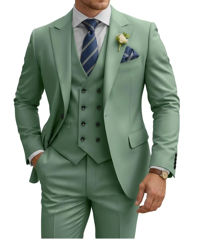 TIJOFA 3 Piece Suit Men Slim Fit Double Breasted Suit for Men Wedding Suits Classic One Button Formal Prom Dinner Tuxedo, Sage Green, XS