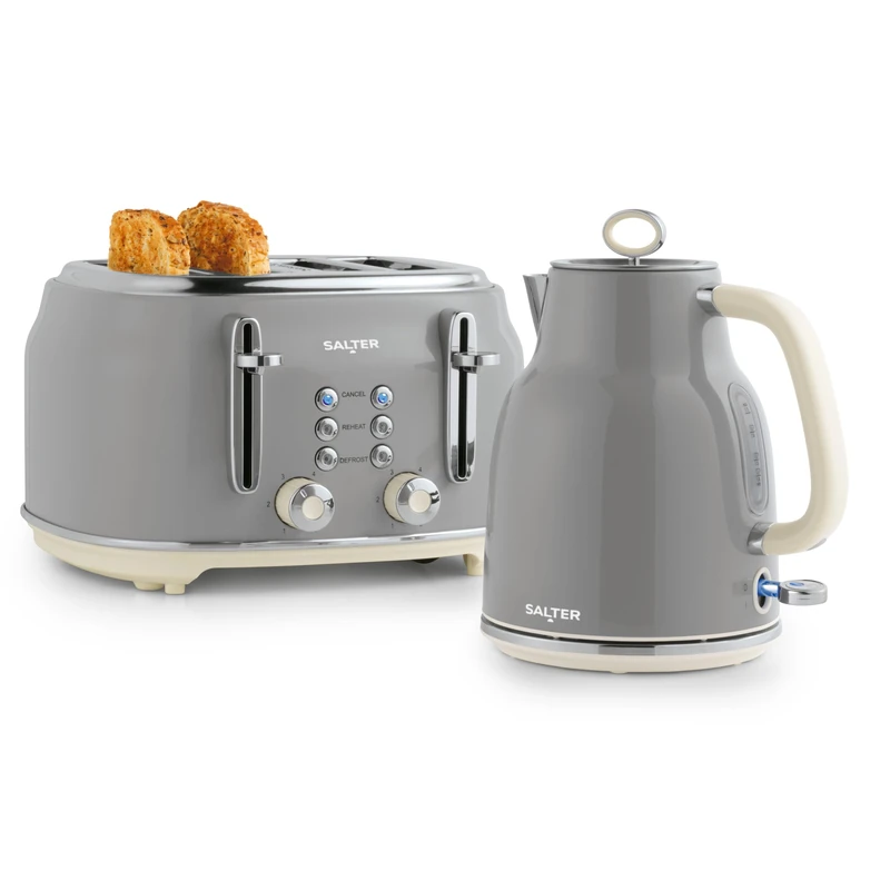 Salter COMBO-9191 Retro Kettle & Toaster Set – 1.7L Fast Boil Kettle With Removable Limescale Filter, 4-Slice Wide Slot Toaster for Thick Bread, High Lift Eject, Blue Indicator Lights, 3kW/1630W, Grey
