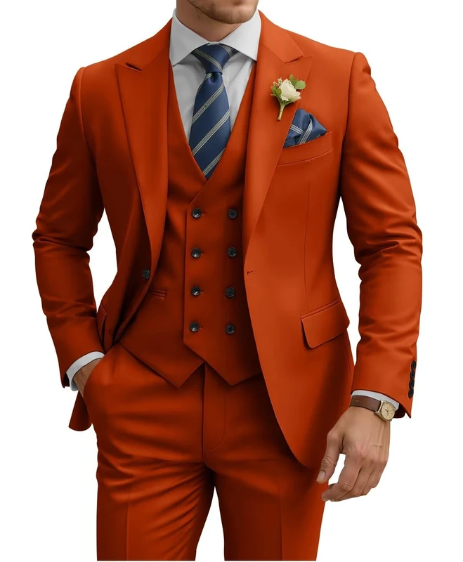 TIJOFA 3 Piece Suit Men Slim Fit Double Breasted Suit for Men Wedding Suits Classic One Button Formal Prom Dinner Tuxedo, Rusty Orange, M