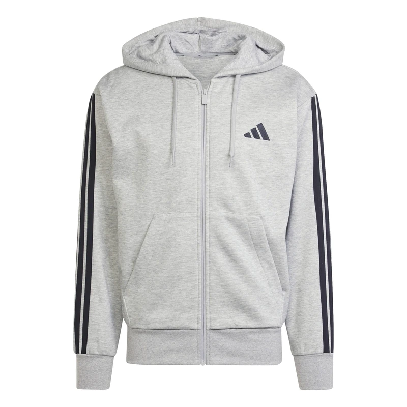 adidas Men's ESSENTIAL THREE STRIPES FLEECE ZIPPER HOODIE, medium grey heather/black, L