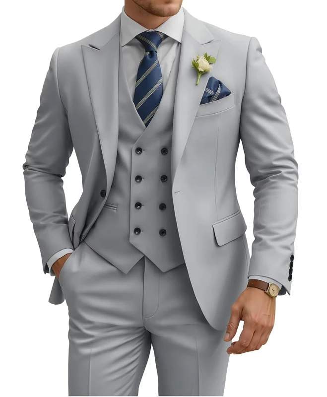 TIJOFA 3 Piece Suit Men Slim Fit Double Breasted Suit for Men Wedding Suits Classic One Button Formal Prom Dinner Tuxedo, Silver Grey, XL