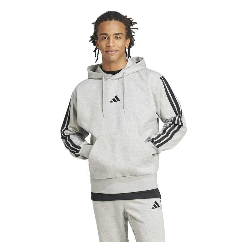 adidas Men's ESSENTIAL THREE STRIPES FLEECE HOODIE, medium grey heather/black, L