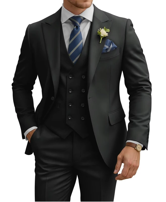 TIJOFA 3 Piece Suit Men Slim Fit Double Breasted Suit for Men Wedding Suits Classic One Button Formal Prom Dinner Tuxedo, Black, XL