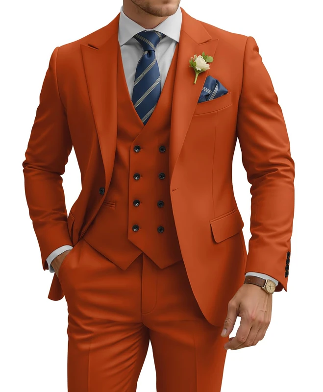 TIJOFA 3 Piece Suit Men Slim Fit Double Breasted Suit for Men Wedding Suits Classic One Button Formal Prom Dinner Tuxedo, Rusty Orange, L