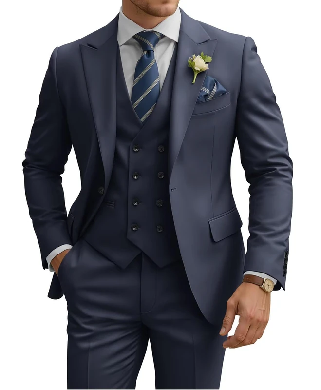 TIJOFA 3 Piece Suit Men Slim Fit Double Breasted Suit for Men Wedding Suits Classic One Button Formal Prom Dinner Tuxedo, Navy Blue, L