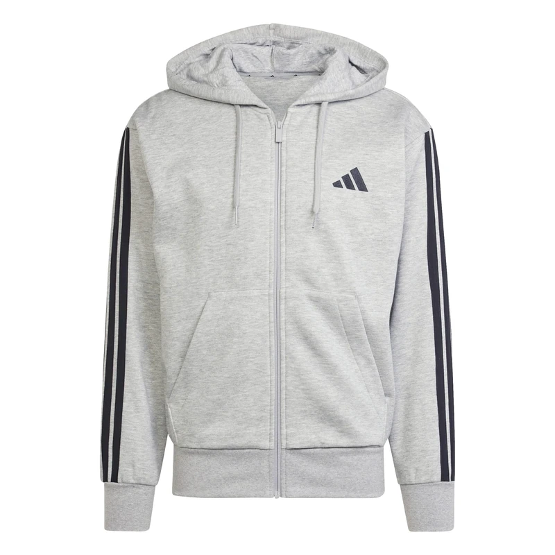 adidas Men's ESSENTIAL THREE STRIPES FLEECE ZIPPER HOODIE, medium grey heather/black, XS