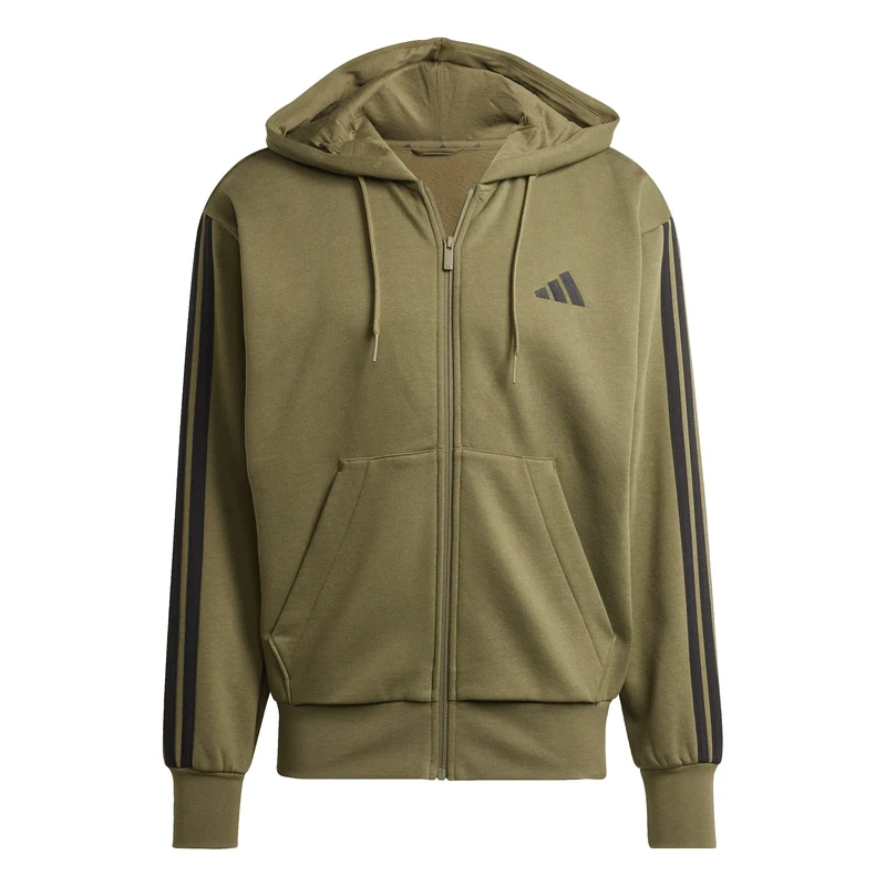 adidas Men's ESSENTIAL THREE STRIPES FLEECE ZIPPER HOODIE, olive strata/black, L
