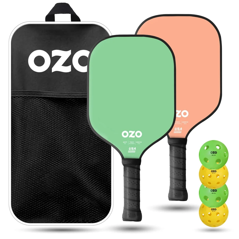 OZO Pickleball - Set of 2 paddles + 4 balls - Spark Fusion Essence (Beginner Fusion) + Indoor & Outdoor Balls + Carrying bag, Green + Pink