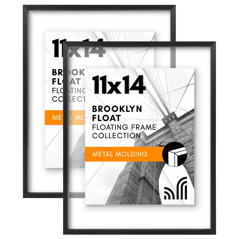 Americanflat Aluminum 11x14 Floating Picture Frame with Shatter-Resistant Glass - Set of 2 - Use as 11x14 Frame or 8x10 Frame - Signature Float Collection - Photo Frame for Wall Display - Black