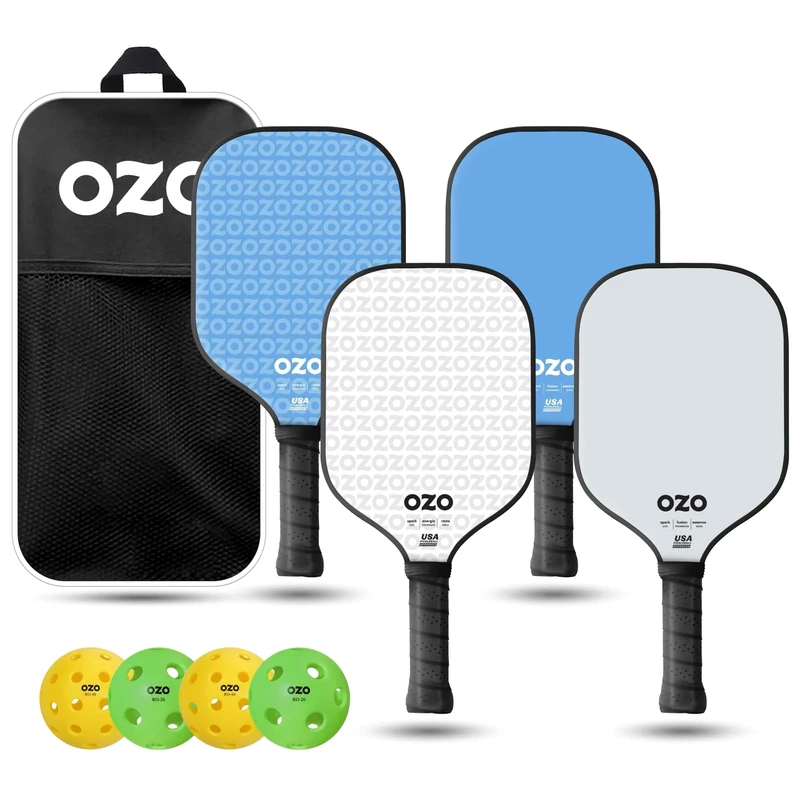 OZO Pickleball - Set of 4 paddles + 4 balls - 2xSpark Fusion Essence + 2xSpark Energia Ritmo + Indoor & Outdoor Balls + Bag, White, Blue, Silver, Blue