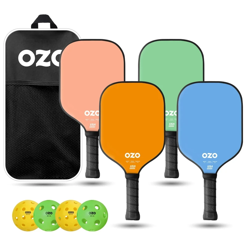 OZO Pickleball - Set of 4 paddles + 4 balls - Spark Fusion Essence (Beginner Hybrid) + Indoor & Outdoor Balls + Carrying bag, Pink, Orange, Green, Blue