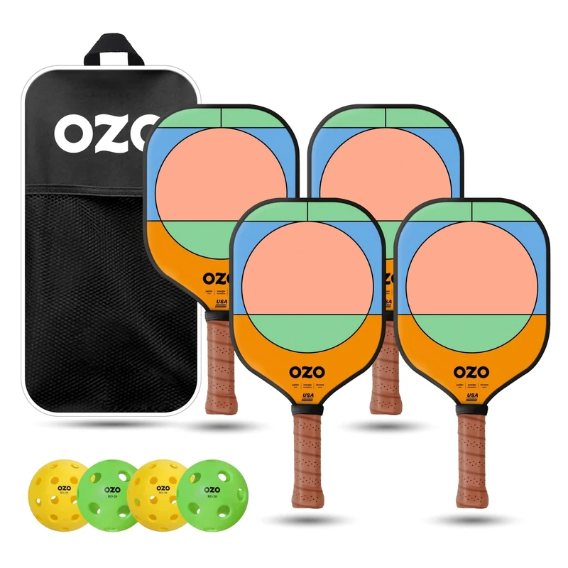 OZO Pickleball - Set of 4 paddles + 4 balls - Jupiter Energia Chroma (Intermediate Power) + Indoor & Outdoor Balls + Bag, 2xCircle, 2xSquare