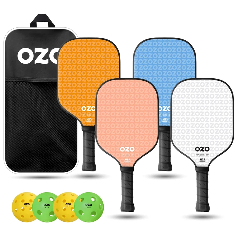 OZO Pickleball - Set of 4 paddles + 4 balls - Spark Energia Ritmo (Beginner Power) + Indoor & Outdoor Balls+ Carrying bag, Orange, Pink, Blue, White