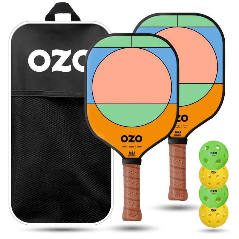 OZO Pickleball - Set of 2 paddles + 4 balls - Jupiter Energia Chroma (Intermediate Power) + Indoor & Outdoor Balls + Bag, Circle + Triangle