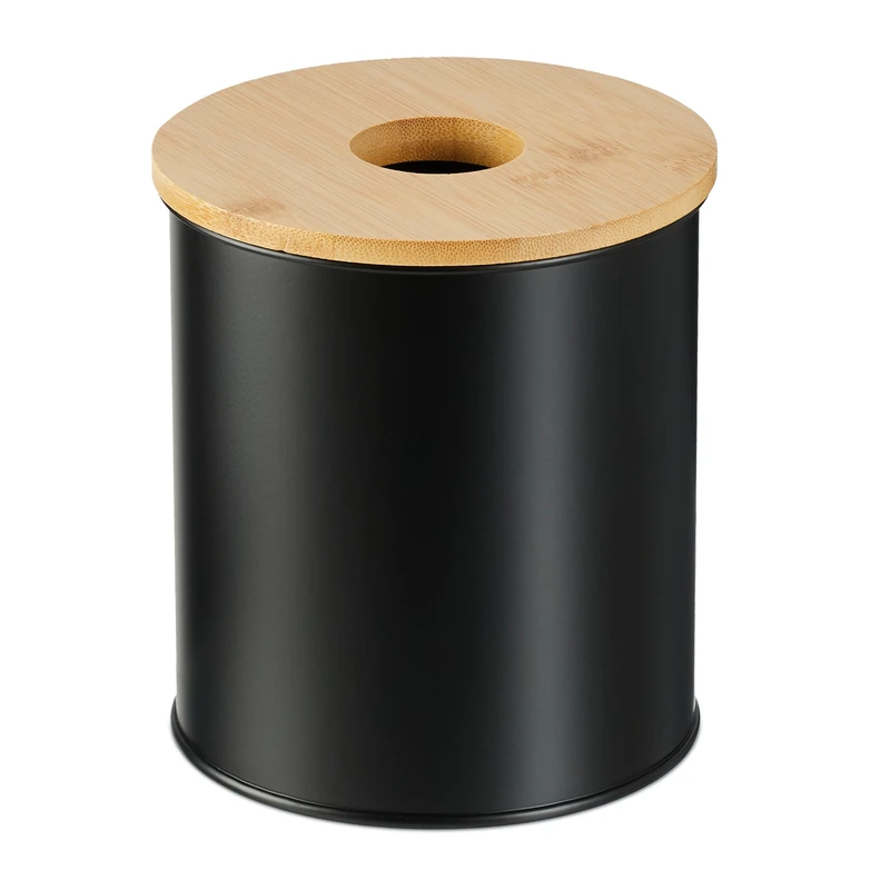 Relaxdays Bathroom Bin, 2 Litre Volume Capacity, Round, Bamboo Lid with Hole, Cosmetic Waste Trash Can, Dustbin, Black, 15 x 13.5 x 13.5 cm