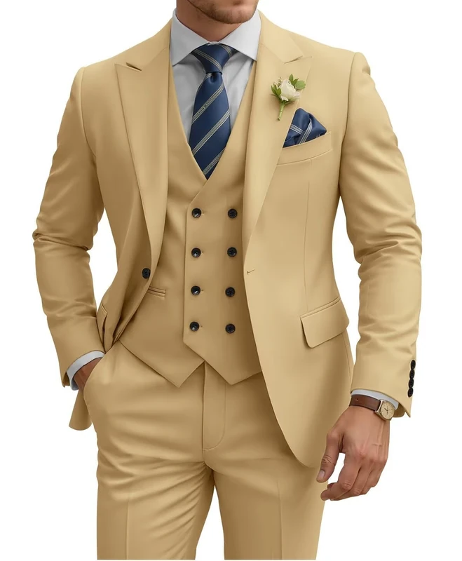 TIJOFA 3 Piece Suit Men Slim Fit Double Breasted Suit for Men Wedding Suits Classic One Button Formal Prom Dinner Tuxedo, Champagne, XL