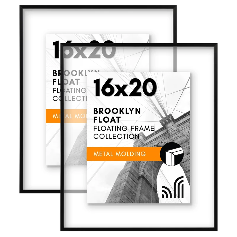 Americanflat Aluminum 16x20 Floating Picture Frame with Shatter-Resistant Glass - Set of 2 - Use as 16x20 Frame or 11x14 Frame - Signature Float Collection - Photo Frame for Wall Display - Black