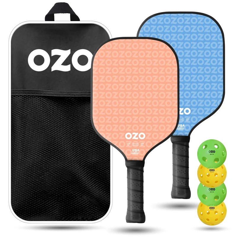 OZO Pickleball - Set of 2 paddles + 4 balls - Spark Energia Ritmo (Beginner Power) + Indoor & Outdoor Balls + Carrying bag, Pink + Blue