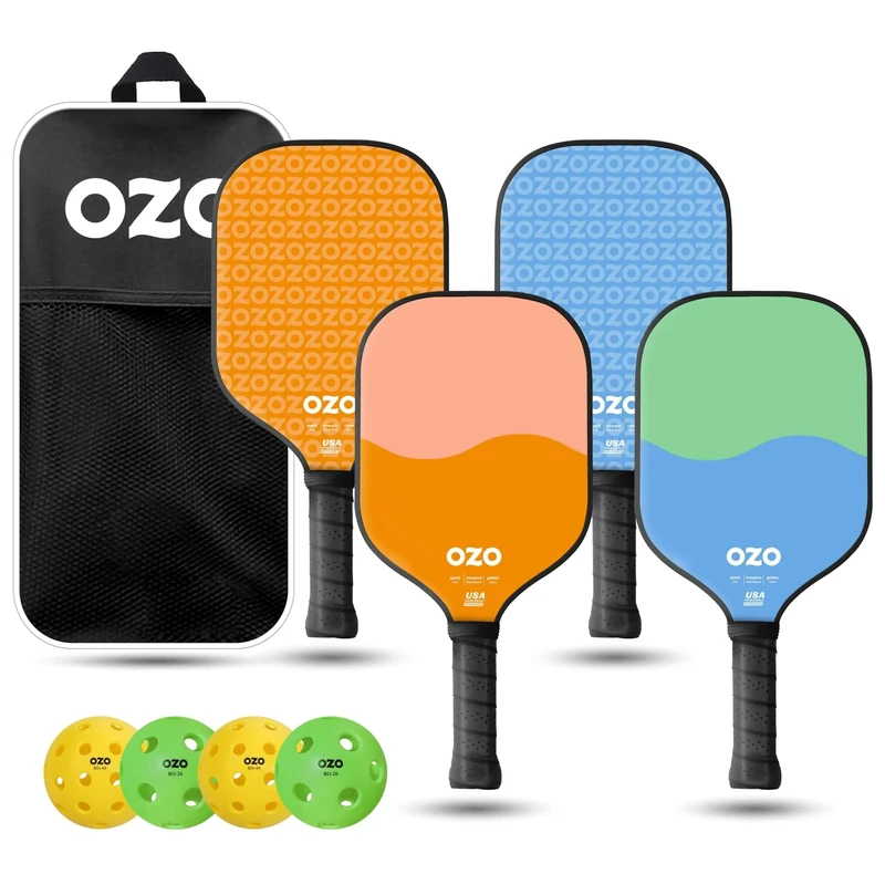 OZO Pickleball - Set of 4 Beginner Paddles + 4 Indoor & Outdoor Balls + Carrying Bag