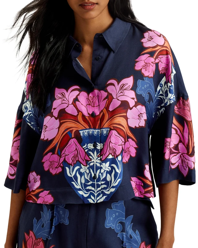Ted Baker London akaii-Short Sleeve Printed Boxy Crop, Navy - Image 1