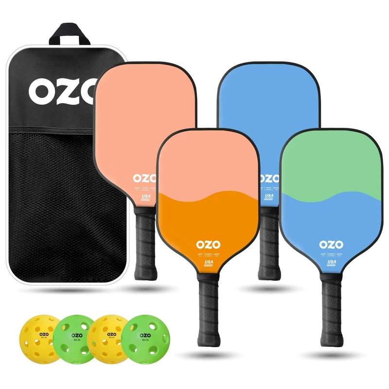 OZO Pickleball Set - 4 Paddles (2 Hybrid + 2 Control) + 4 Indoor & Outdoor Balls + Bag - Beginner Set, Pink, Blue, Strawberry & Melon, Pistachio & Cotton Candy