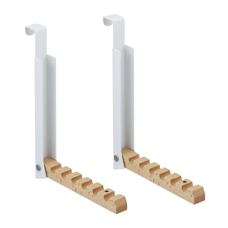 Relaxdays Folding Hook, Set of 2, for Hanging on Doors, 6 Coat Hangers, Metal & Wood, for 2 cm Door Thickness, White - Image 1