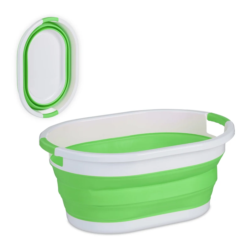 Relaxdays Folding Laundry Basket, 36 litres, Plastic Tub, Clothing, Collapsible Washing Storage, Handles, Green/White, 27.5 x 61 x 44 cm